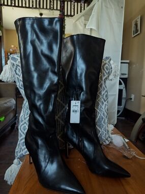 Express Black Faux Leather Knee-High Stiletto Boots with Back Zipper